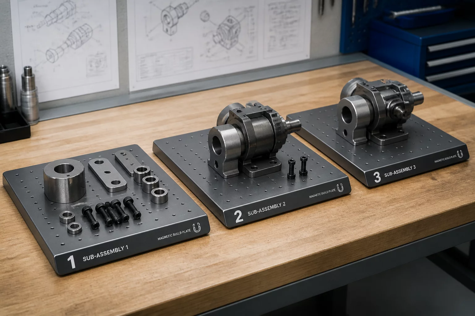 Sequential 3D print plates aligned chronologically along an assembly workstation