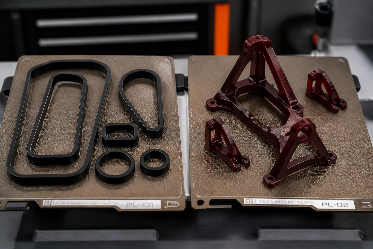 Two dedicated print plates holding flexible TPU gaskets alongside rigid PETG parts