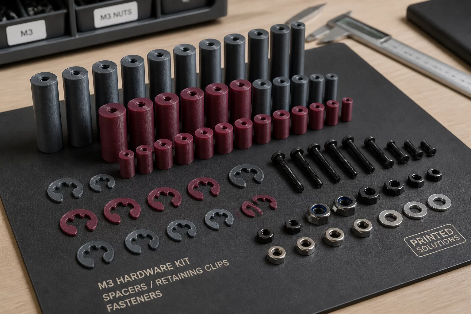 Neatly organized batches of standardized 3D printed mechanical spacers and fasteners